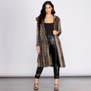Snake Print Drape Front Long Coat