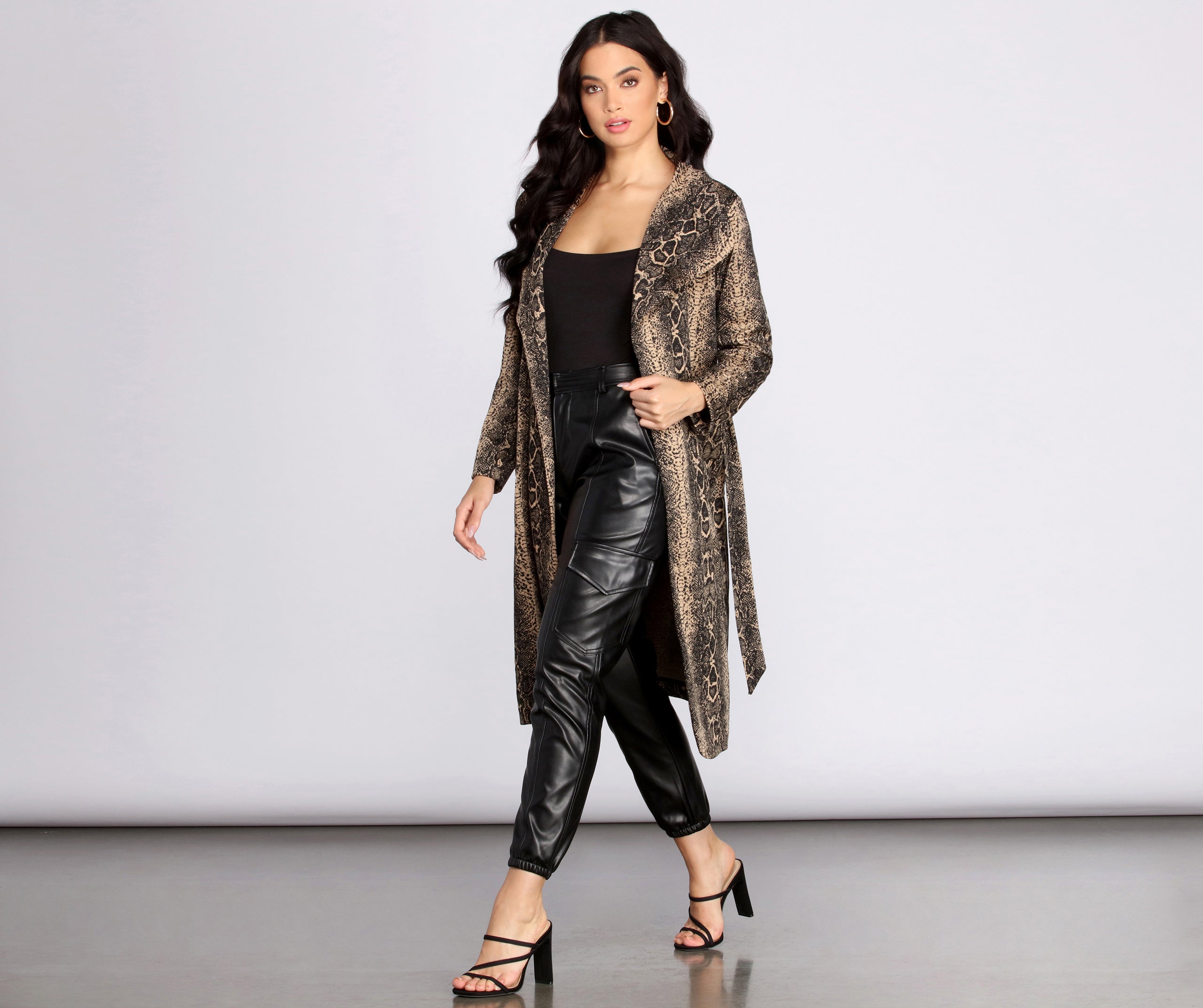 Snake Print Drape Front Long Coat - Image 3