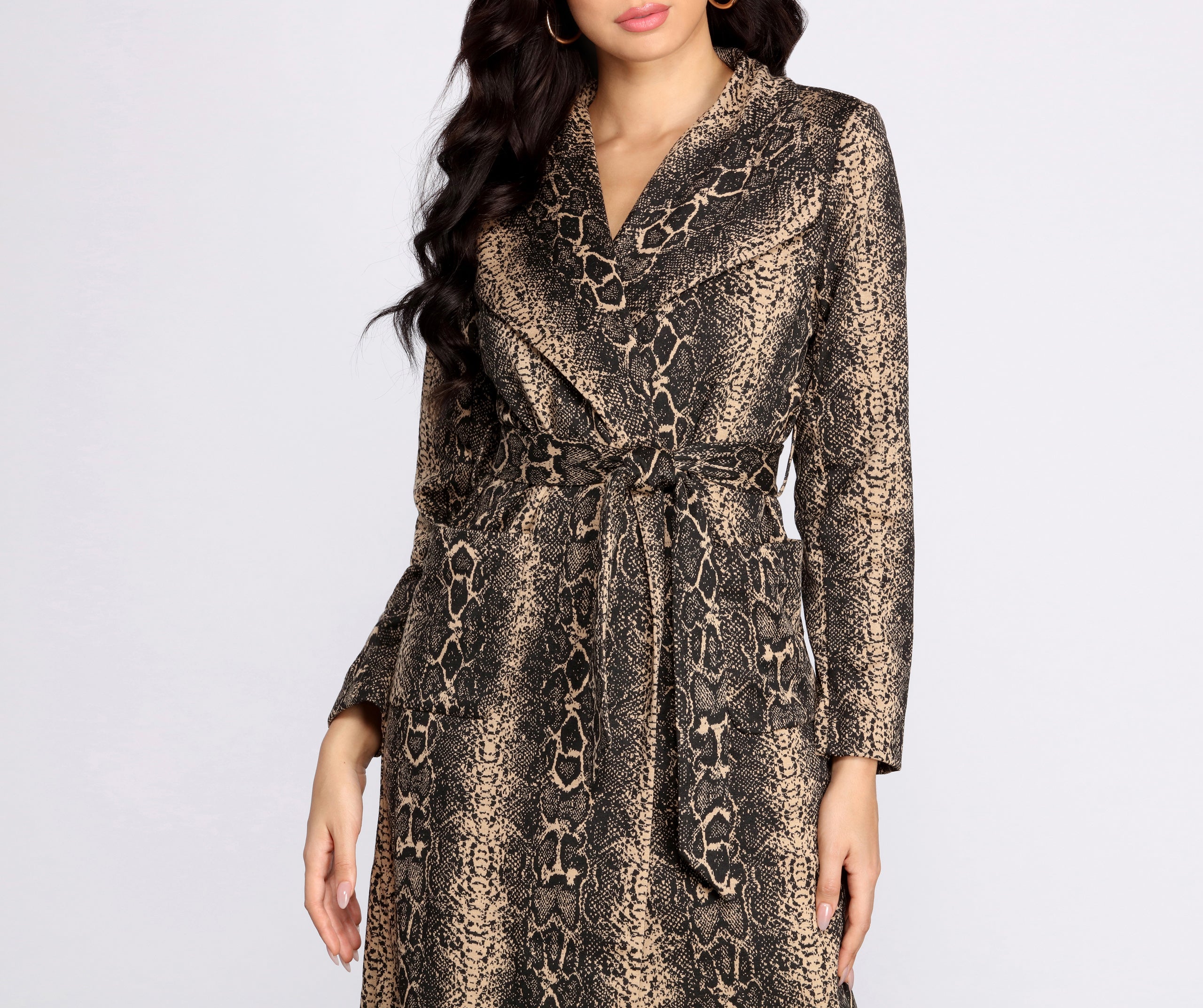 Snake Print Drape Front Long Coat - Image 4