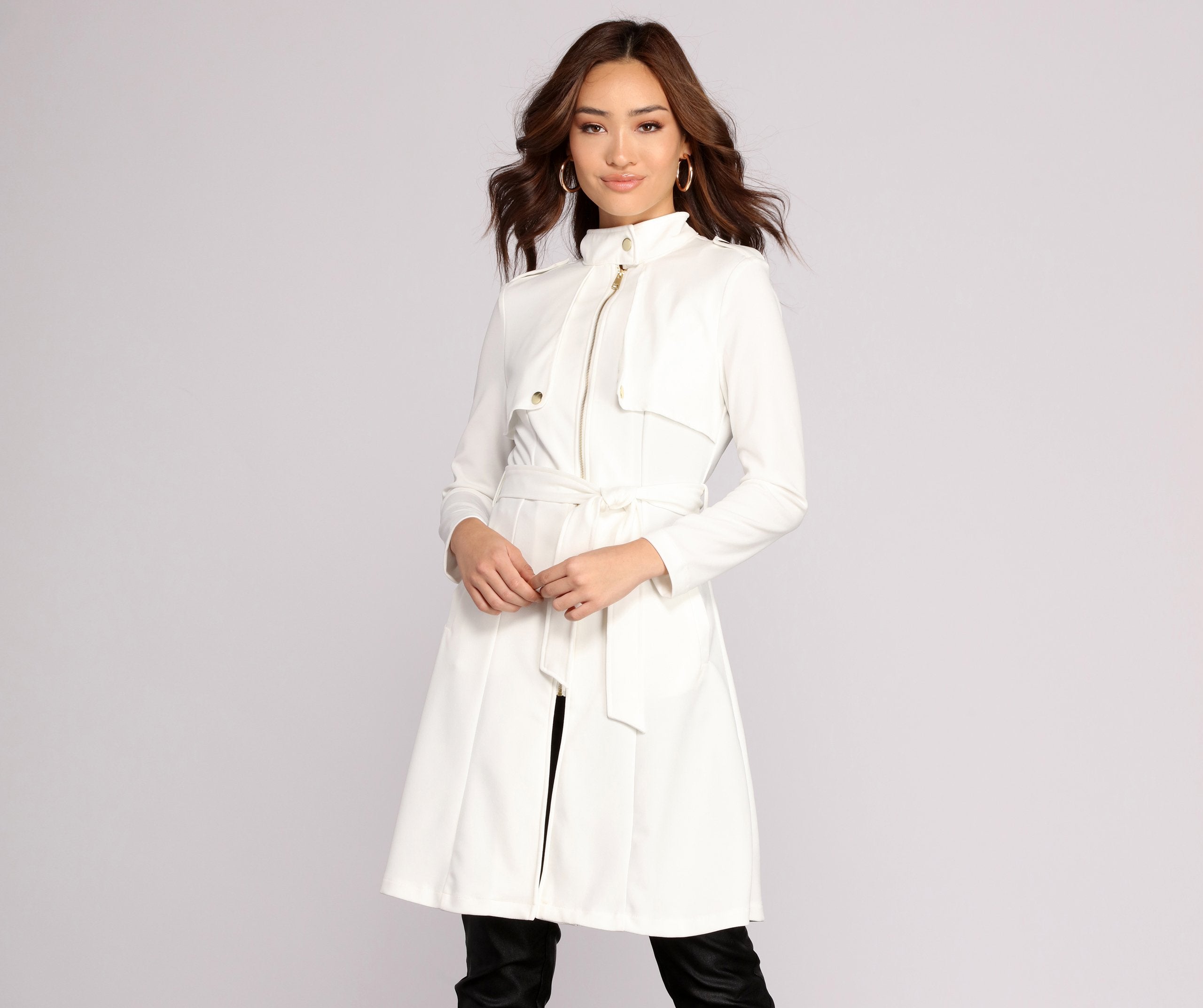 Feminine Flare Zip Up Trench Coat - Image 9