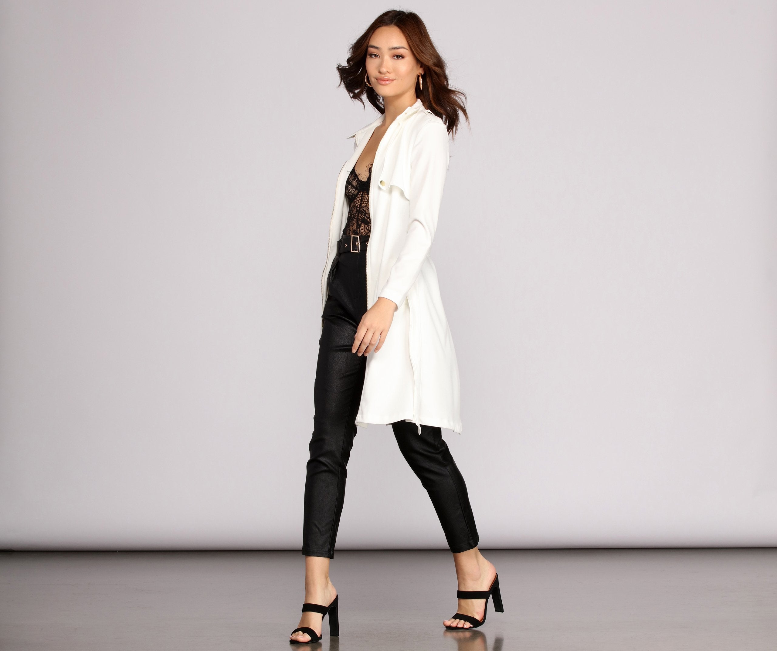 Feminine Flare Zip Up Trench Coat - Image 12