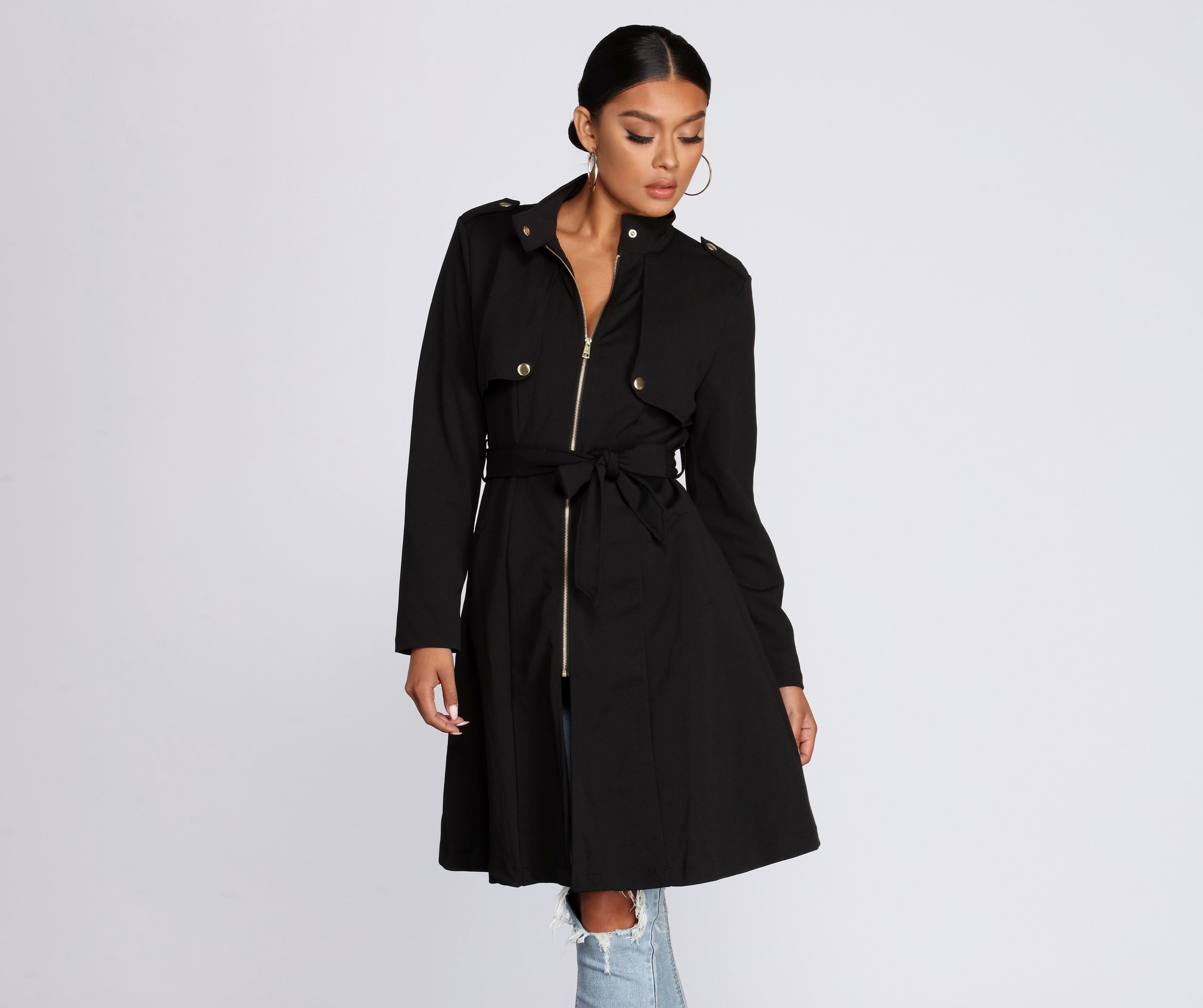 Feminine Flare Zip Up Trench Coat - Image 5