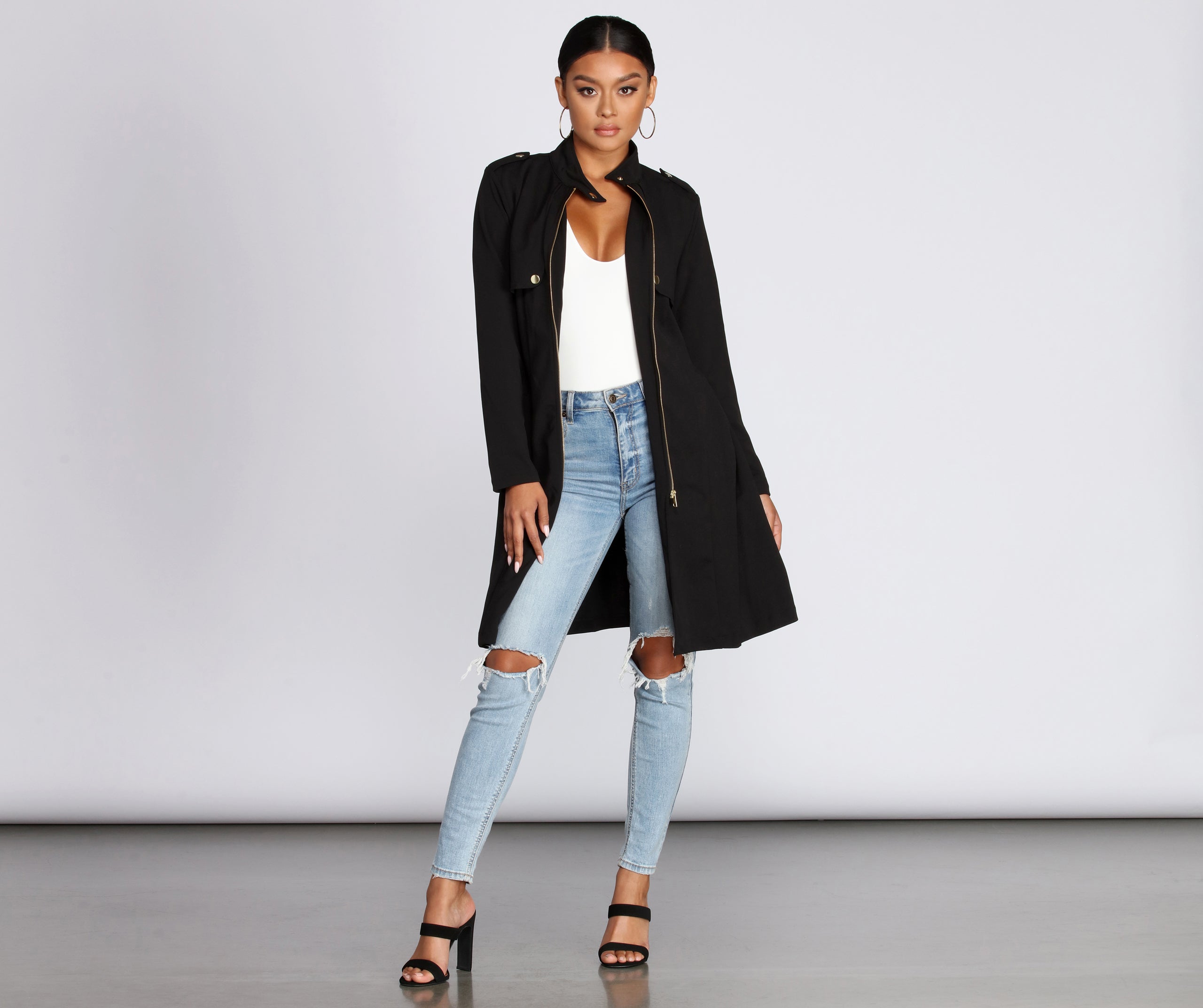Feminine Flare Zip Up Trench Coat - Image 8