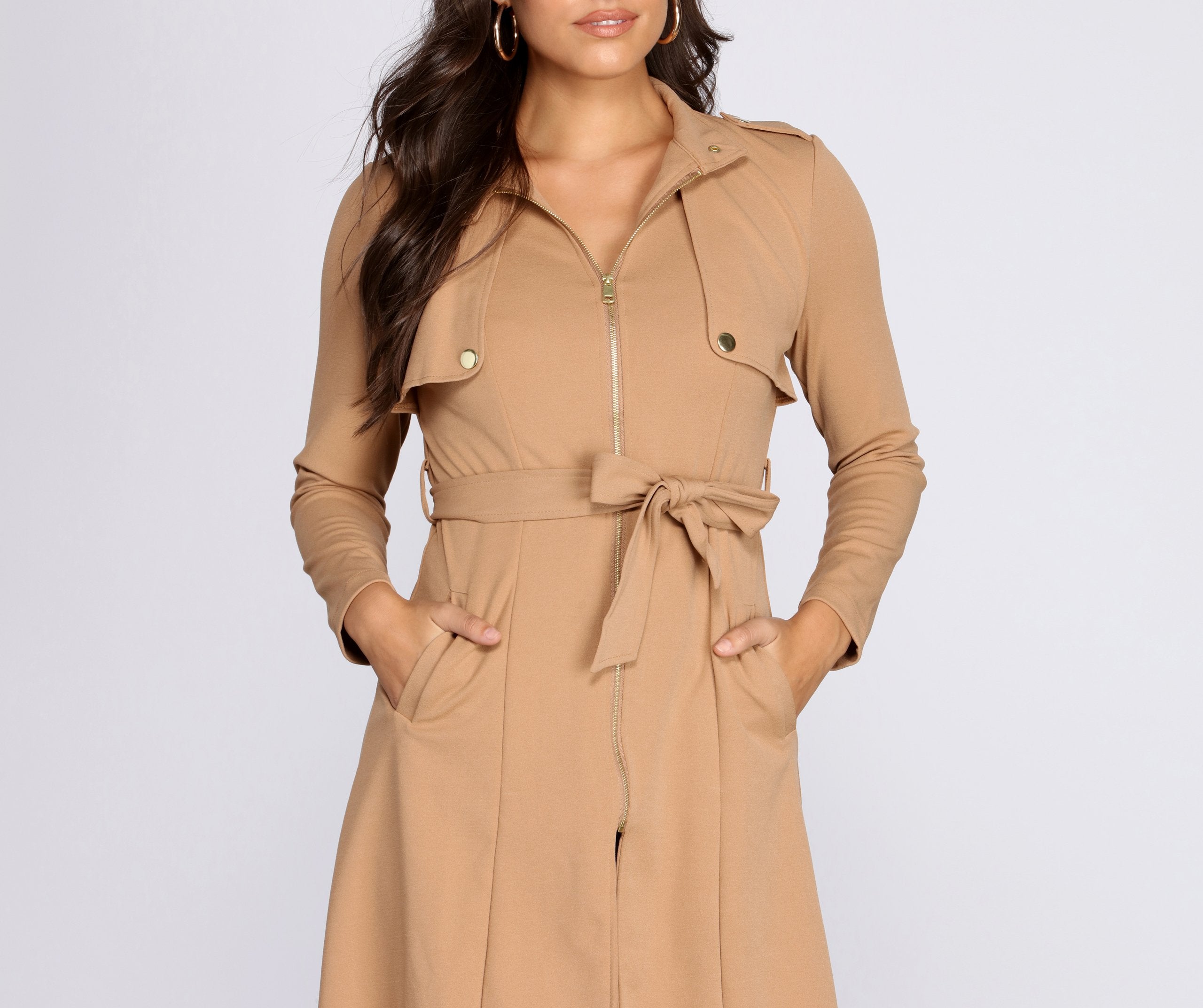 Feminine Flare Zip Up Trench Coat - Image 4