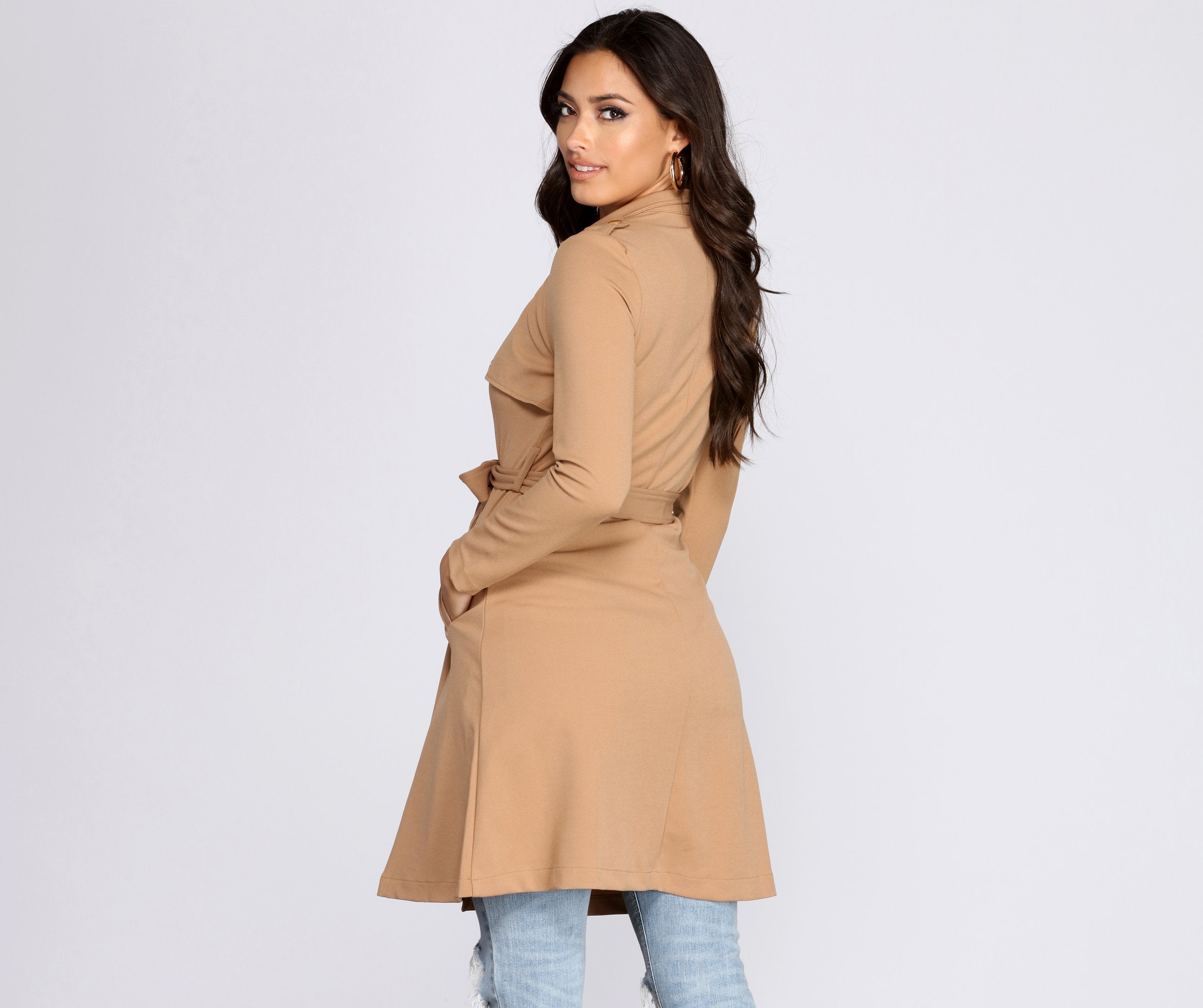 Feminine Flare Zip Up Trench Coat - Image 3