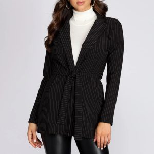 Striped To The Nines Belted Pinstripe Blazer