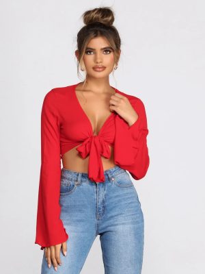 Woven Bell Sleeve Tie Front Top