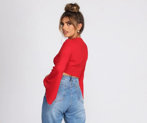 Woven Bell Sleeve Tie Front Top - Image 2