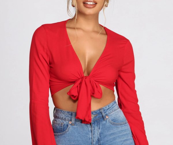 Woven Bell Sleeve Tie Front Top - Image 3