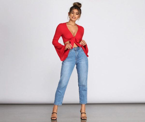 Woven Bell Sleeve Tie Front Top - Image 4