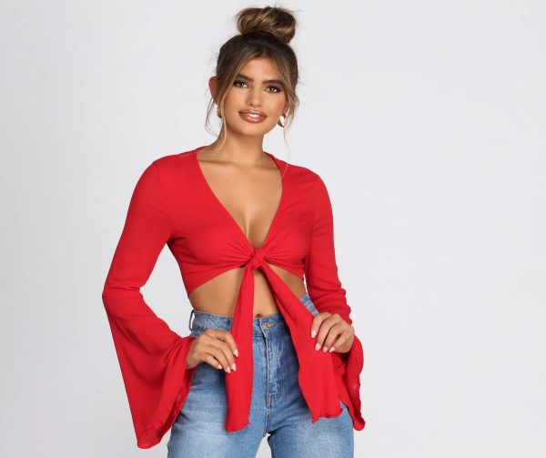 Woven Bell Sleeve Tie Front Top - Image 5