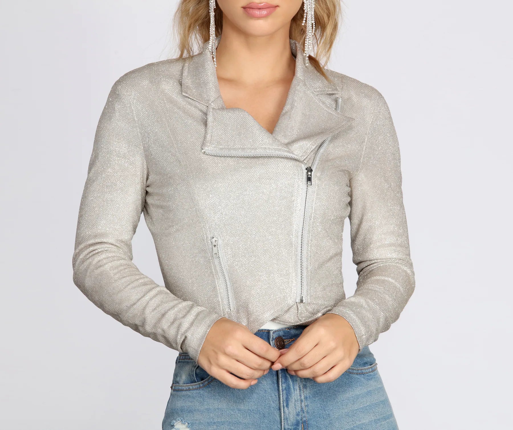 Pass The Champagne Glitter Knit Moto Jacket - Image 4