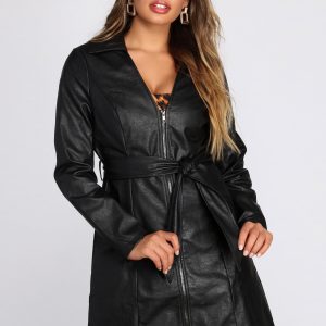 Faux Leather Belted Trench
