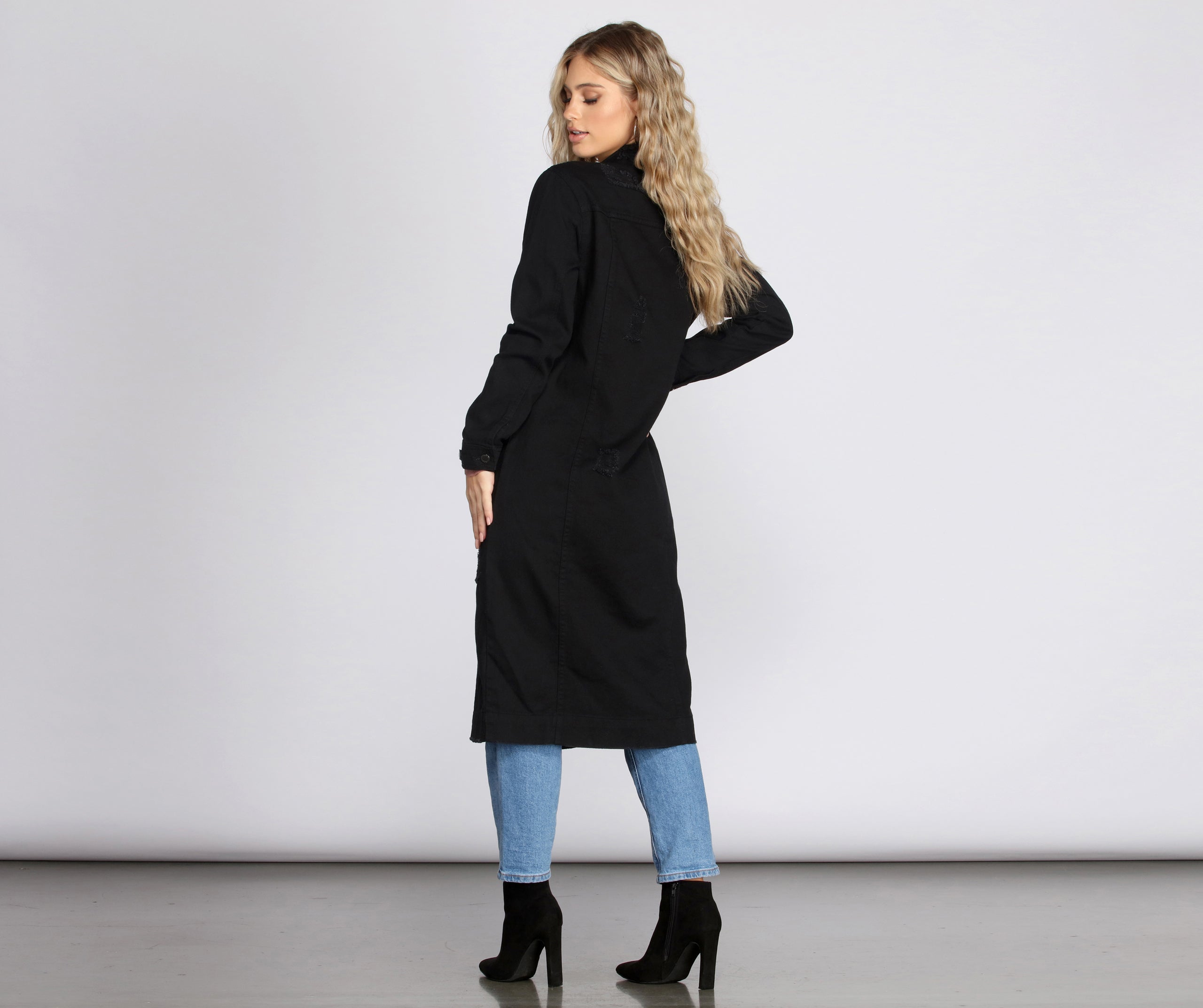 Fray Days Long Dark Denim Jacket - Image 2
