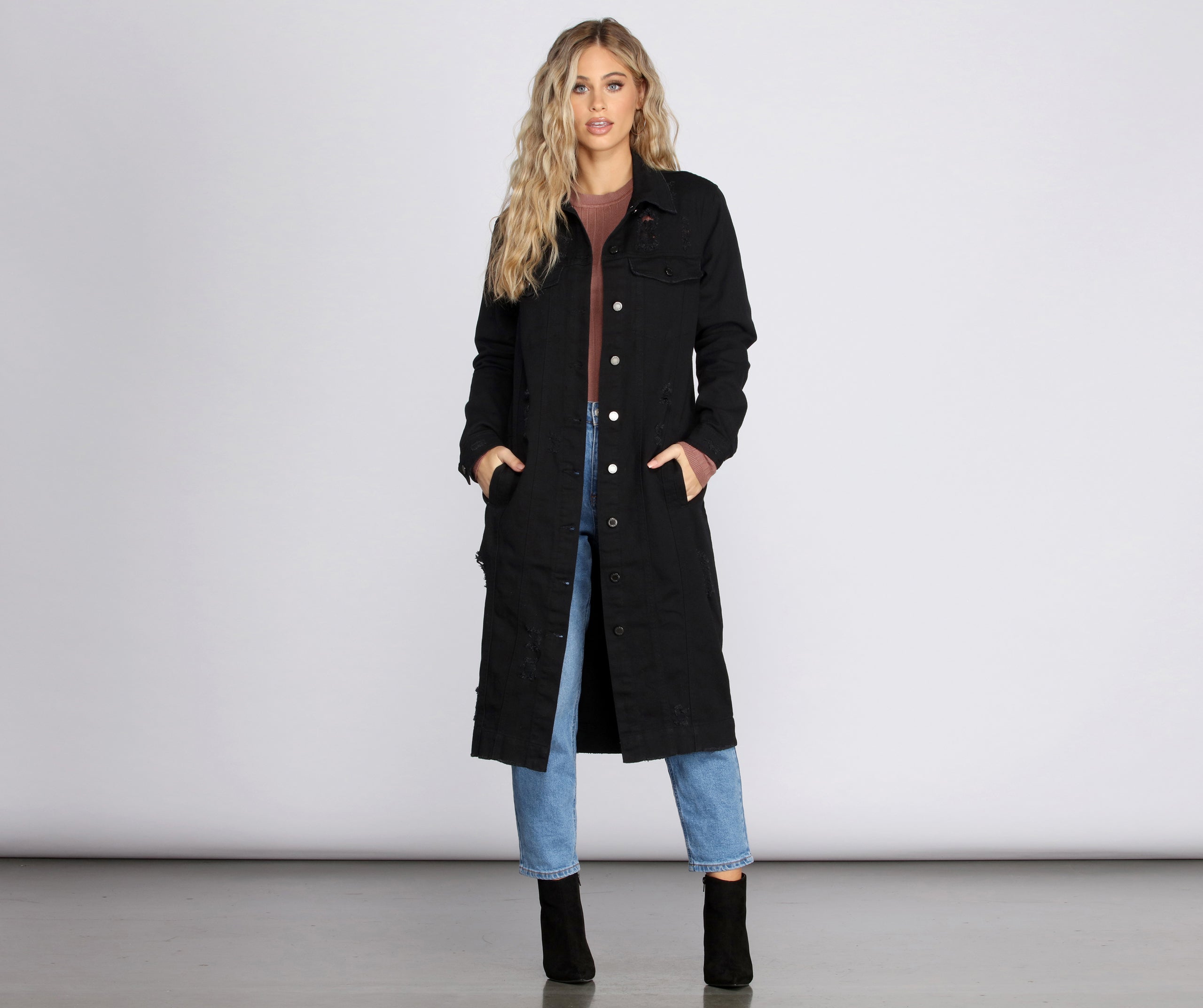 Fray Days Long Dark Denim Jacket - Image 3