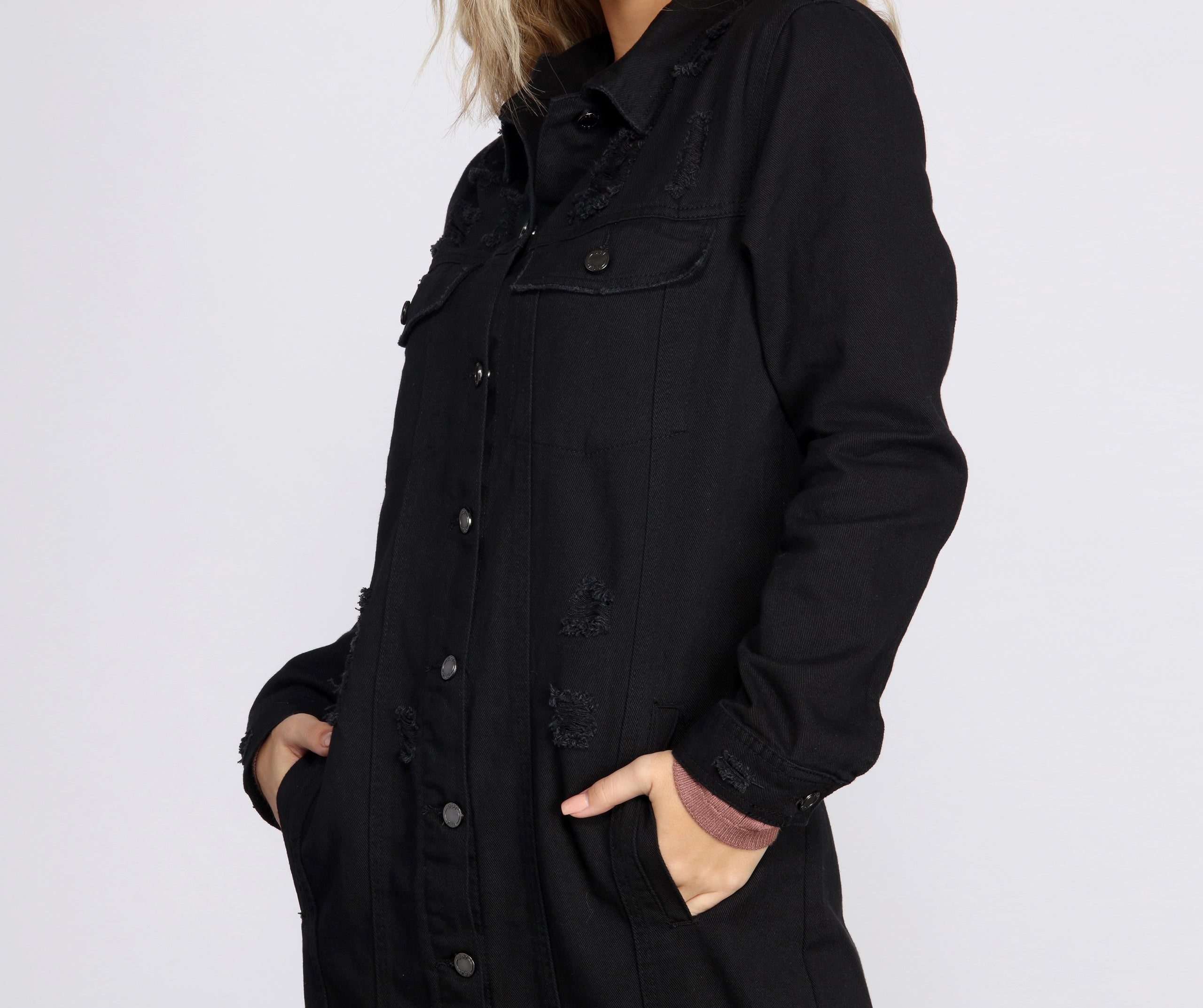 Fray Days Long Dark Denim Jacket - Image 4