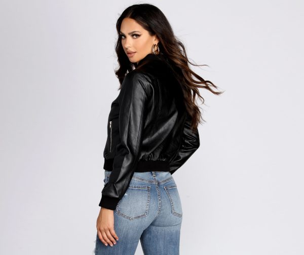 Faux Leather Bomber Jacket - Image 2