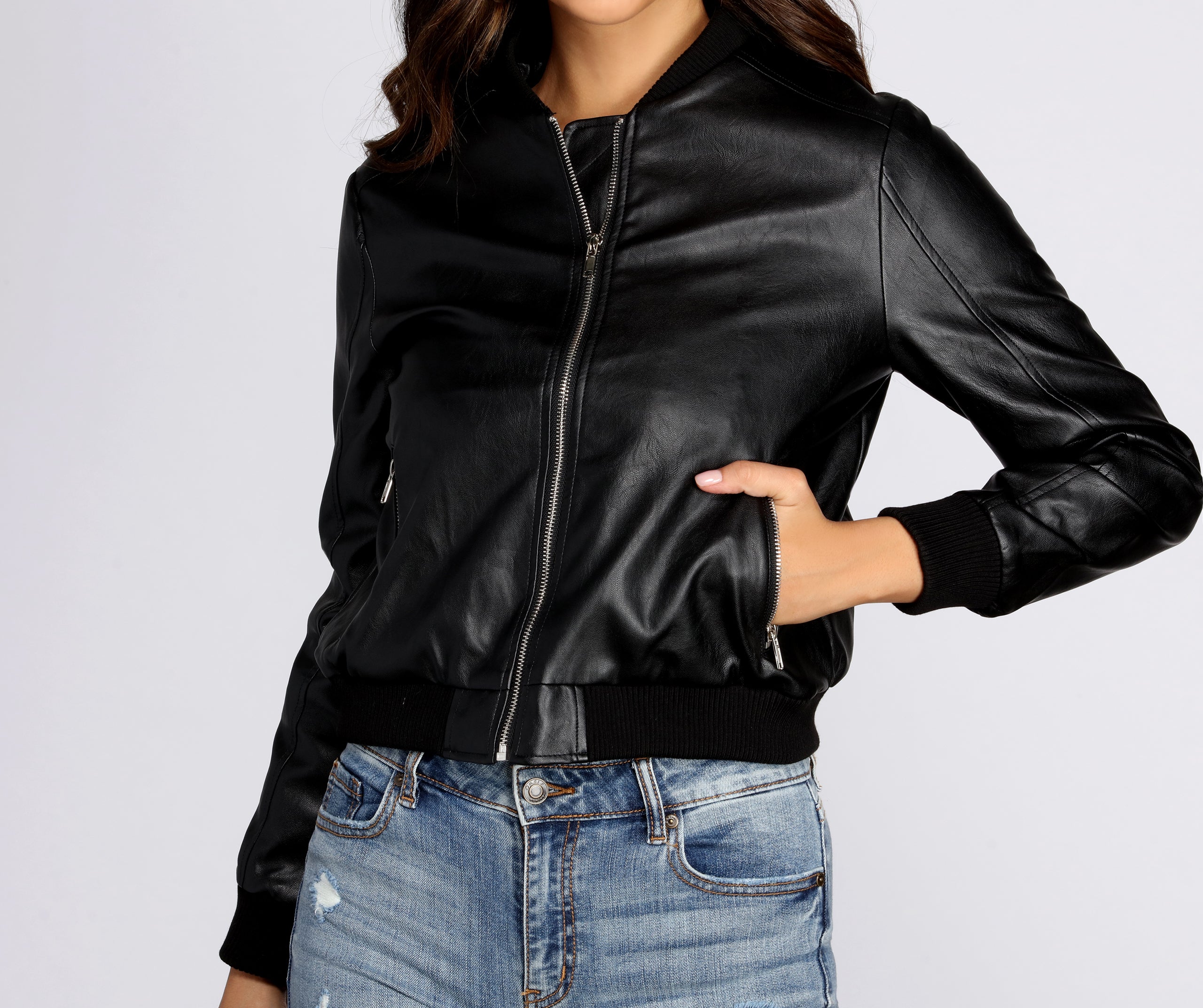 Faux Leather Bomber Jacket - Image 3