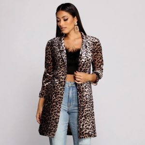 Velvet Leopard Print Long Line Blazer