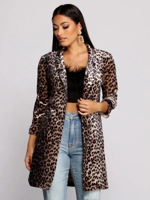 Velvet Leopard Print Long Line Blazer