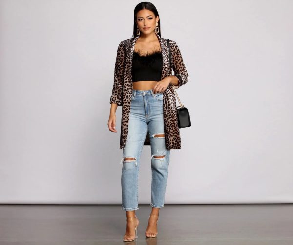 Velvet Leopard Print Long Line Blazer - Image 4