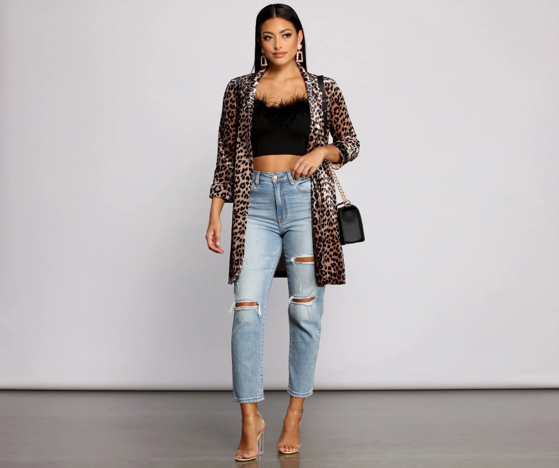 Velvet Leopard Print Long Line Blazer - Image 4