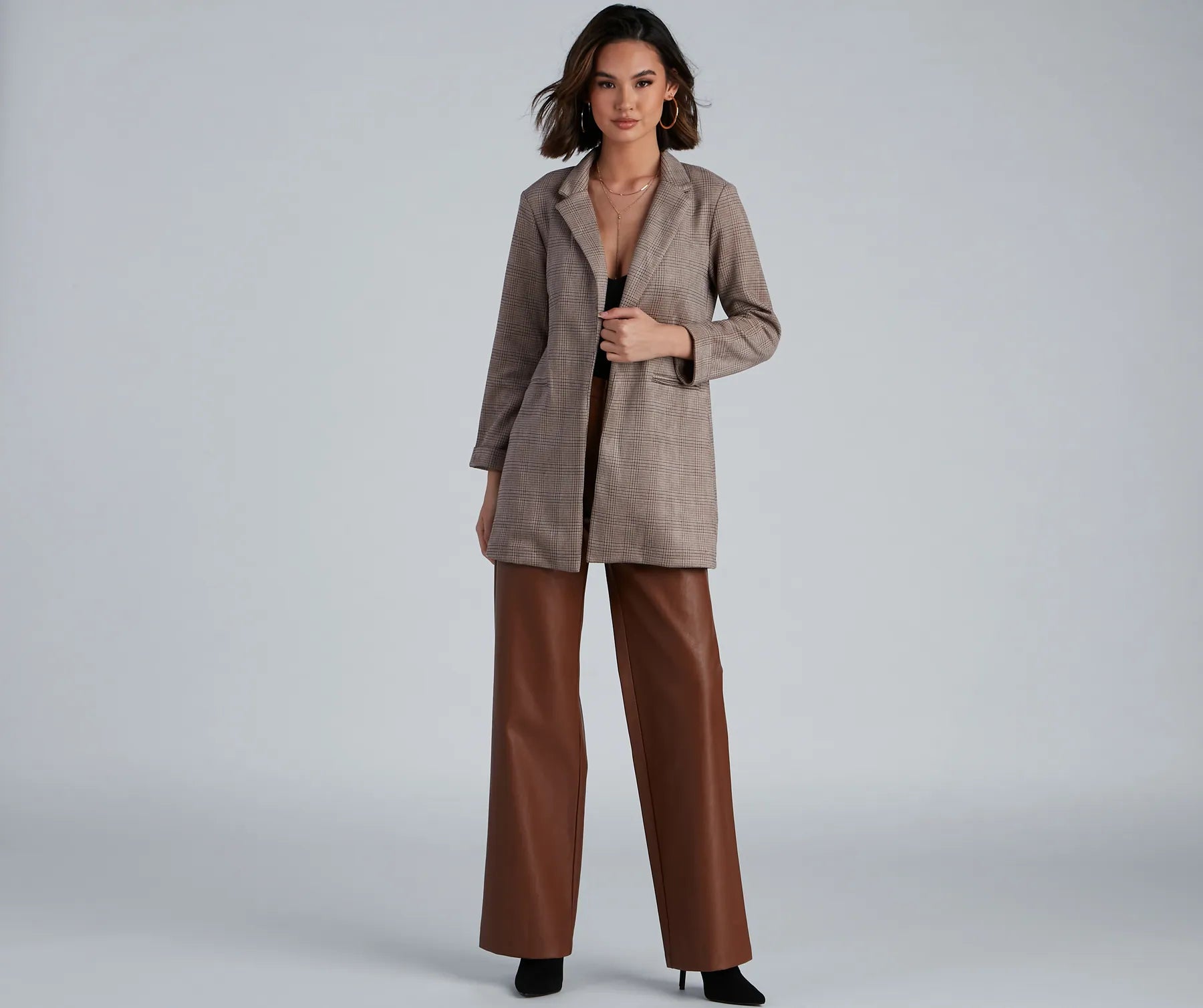 Preppy Plaid Faux Suede Blazer - Image 3