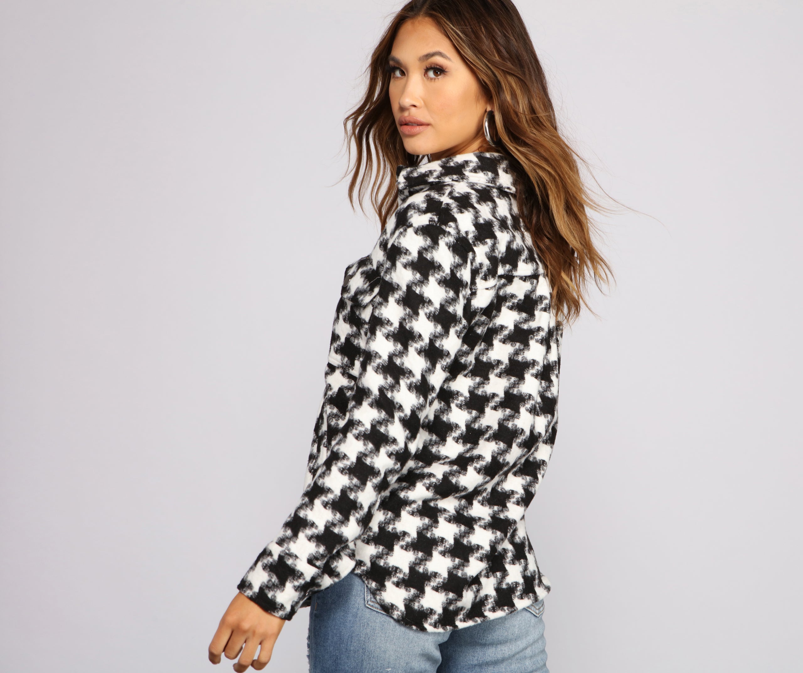 So Chic Houndstooth Woven Shacket - Image 2