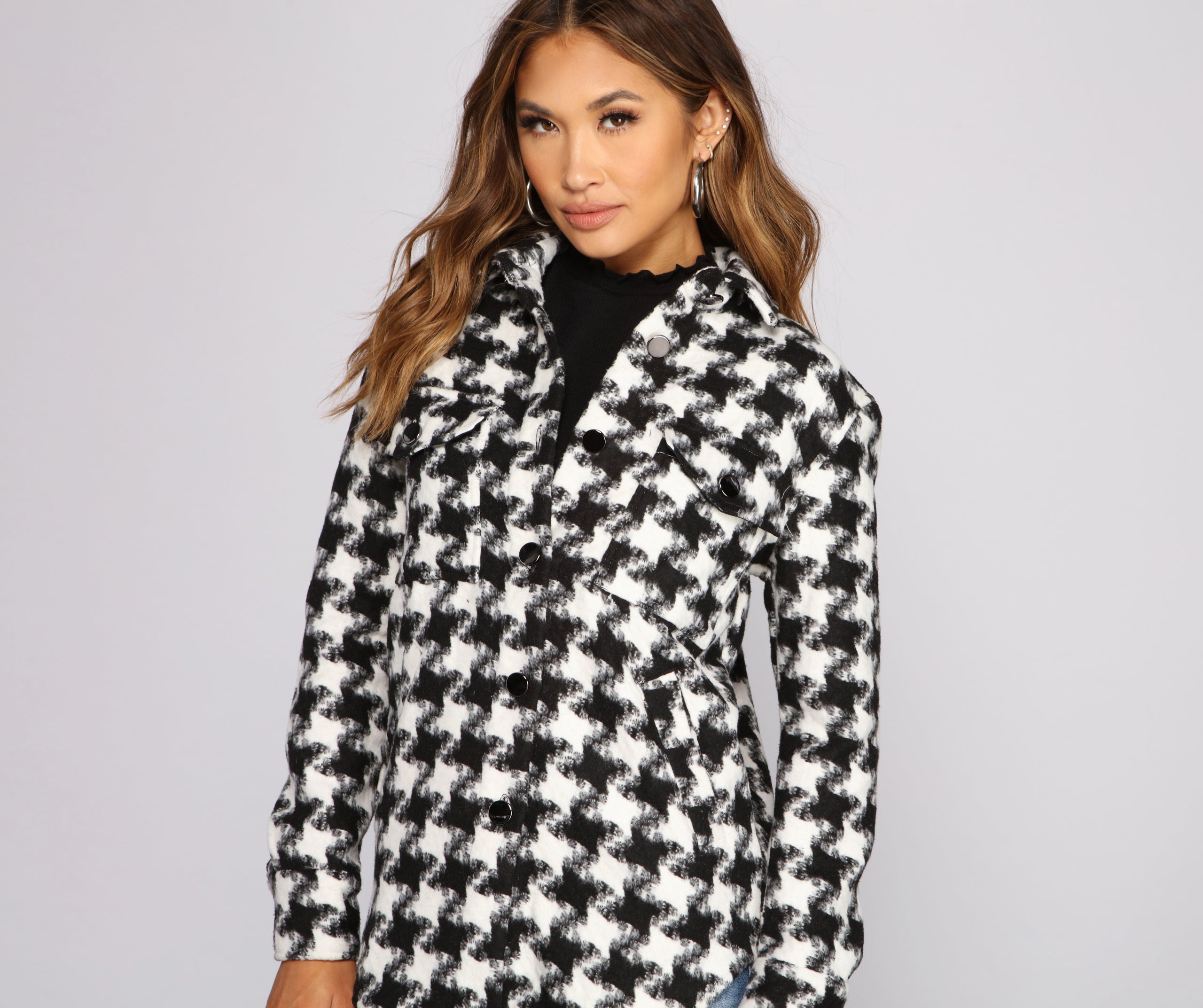 So Chic Houndstooth Woven Shacket - Image 3