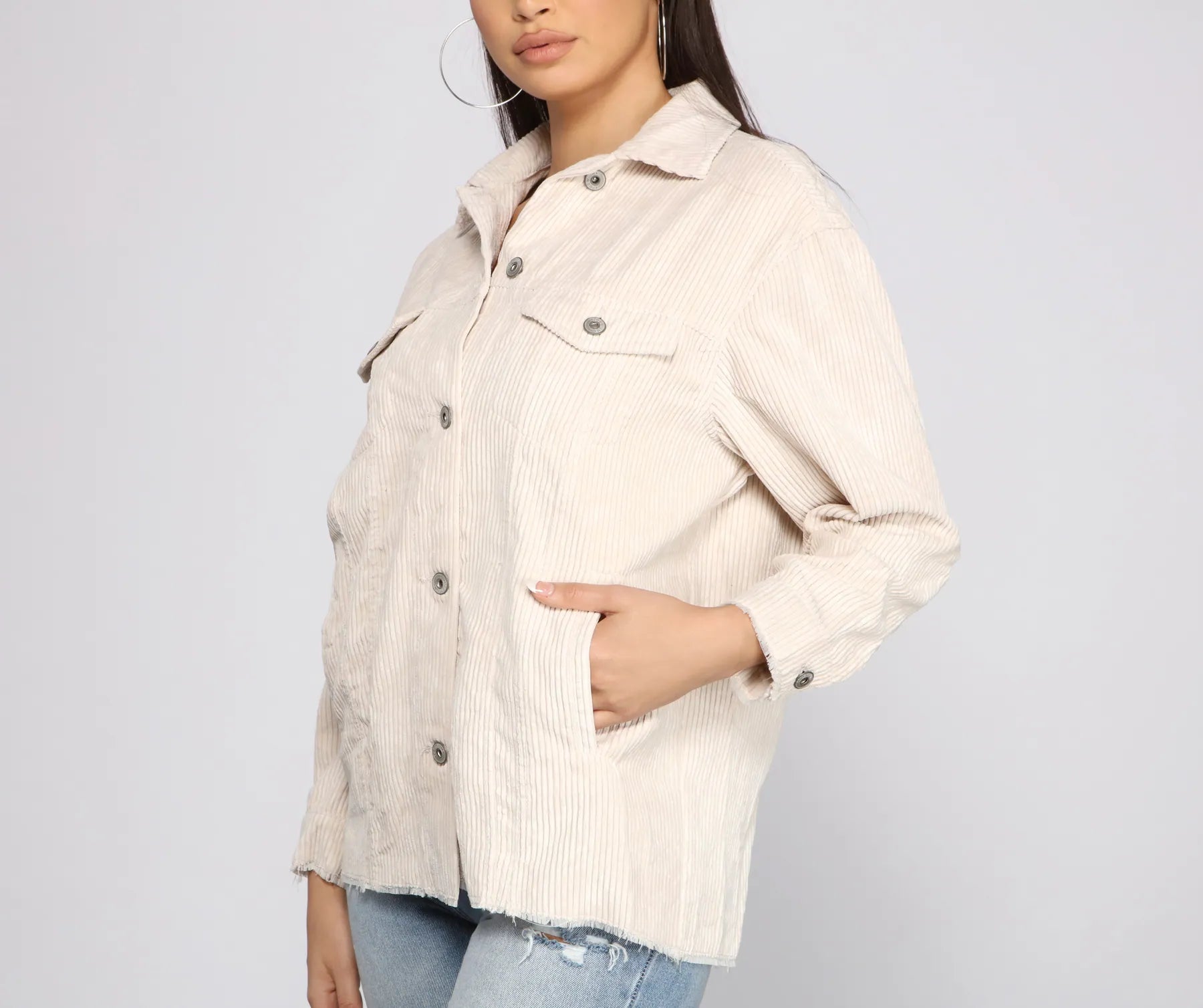 Trendy Corduroy Button-Up Shacket - Image 3