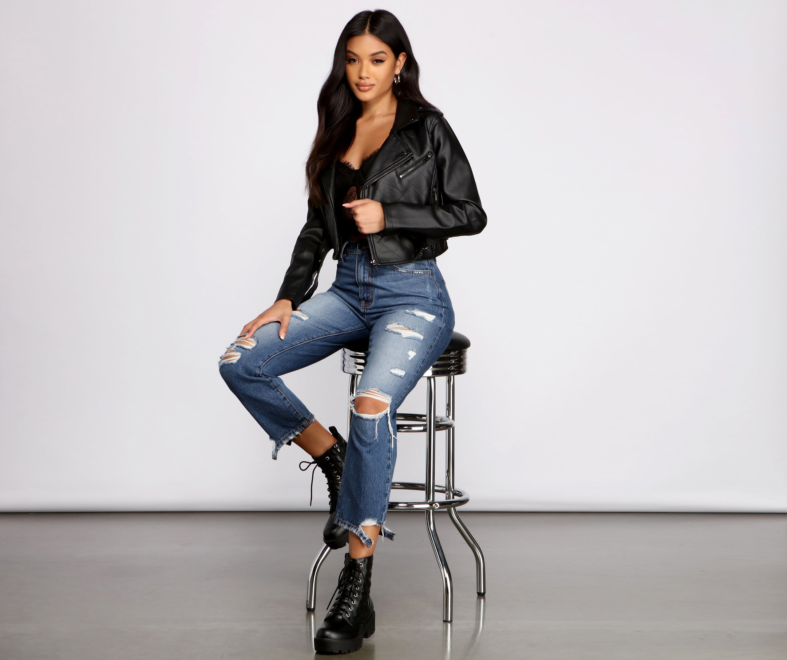 Edgy Glam Faux Leather Quilted Moto - Image 4