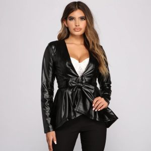 Faux Leather Belted Peplum Blazer