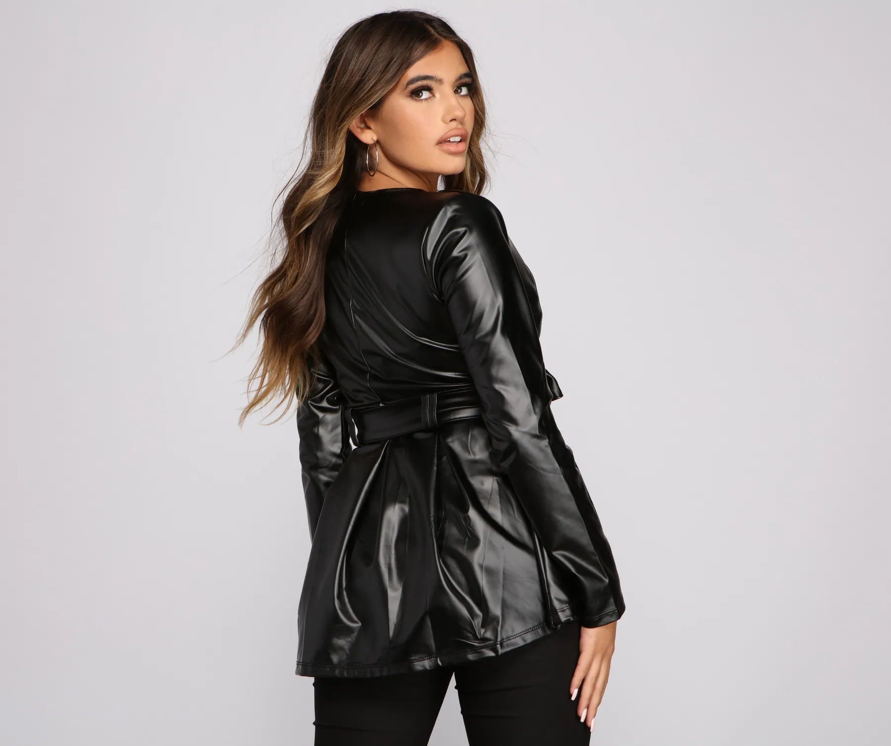 Faux Leather Belted Peplum Blazer - Image 2