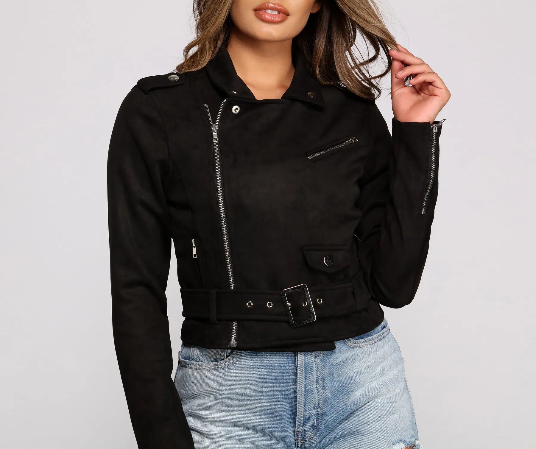 Stun On Em' Faux Suede Belted Moto Jacket - Image 8