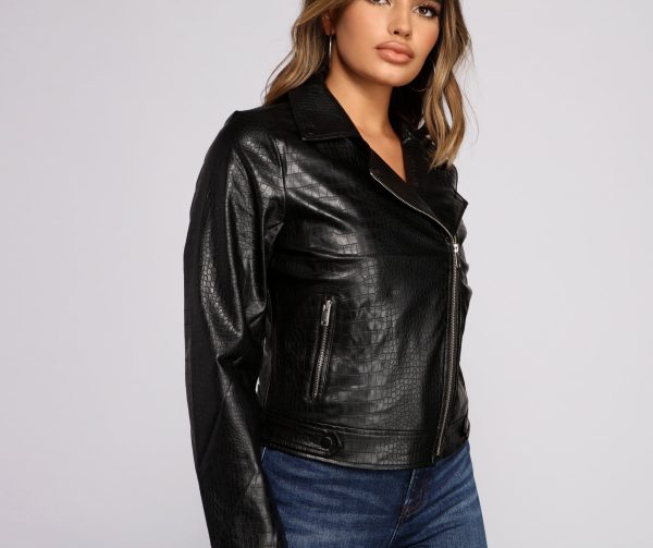 Croc Embossed Faux Leather Moto Jacket - Image 3