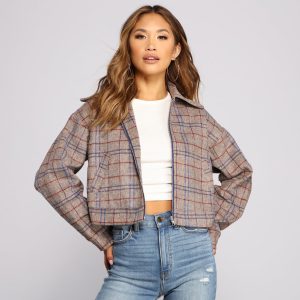 Perf Look In Plaid Oversized Cropped Jacket