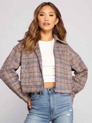 Perf Look In Plaid Oversized Cropped Jacket