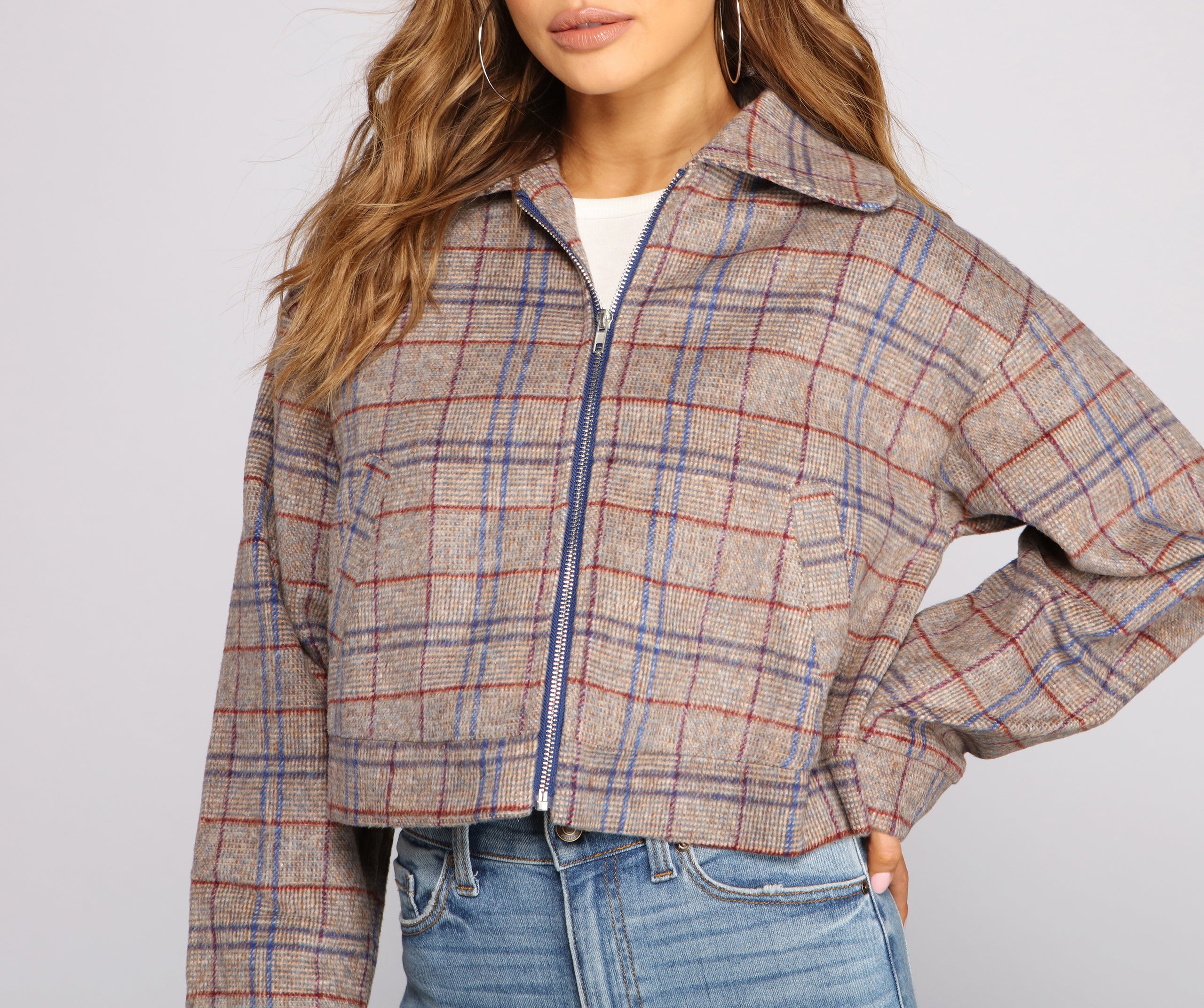 Perf Look In Plaid Oversized Cropped Jacket - Image 3