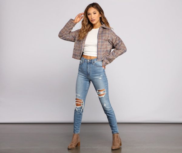 Perf Look In Plaid Oversized Cropped Jacket - Image 4