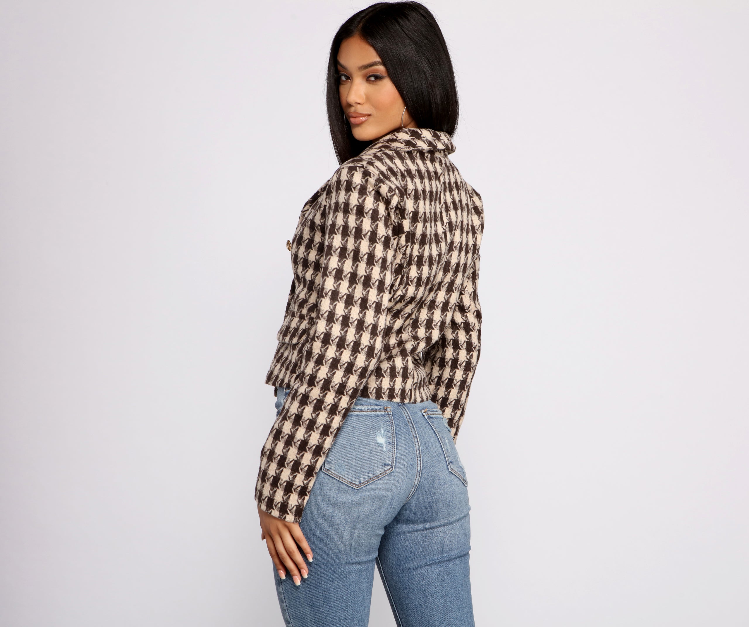 Poised and Professional Houndstooth Cropped Blazer - Image 2