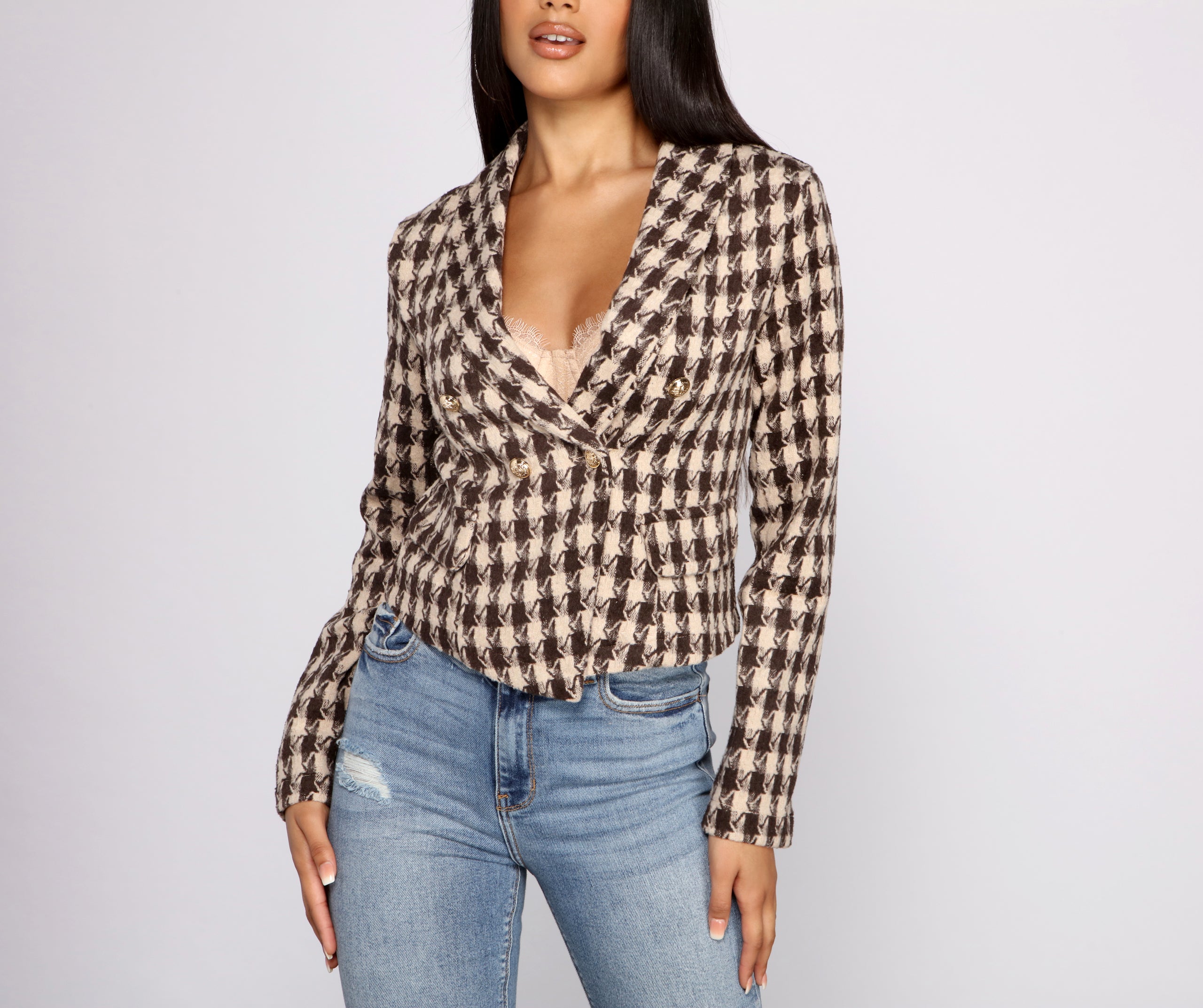 Poised and Professional Houndstooth Cropped Blazer - Image 3