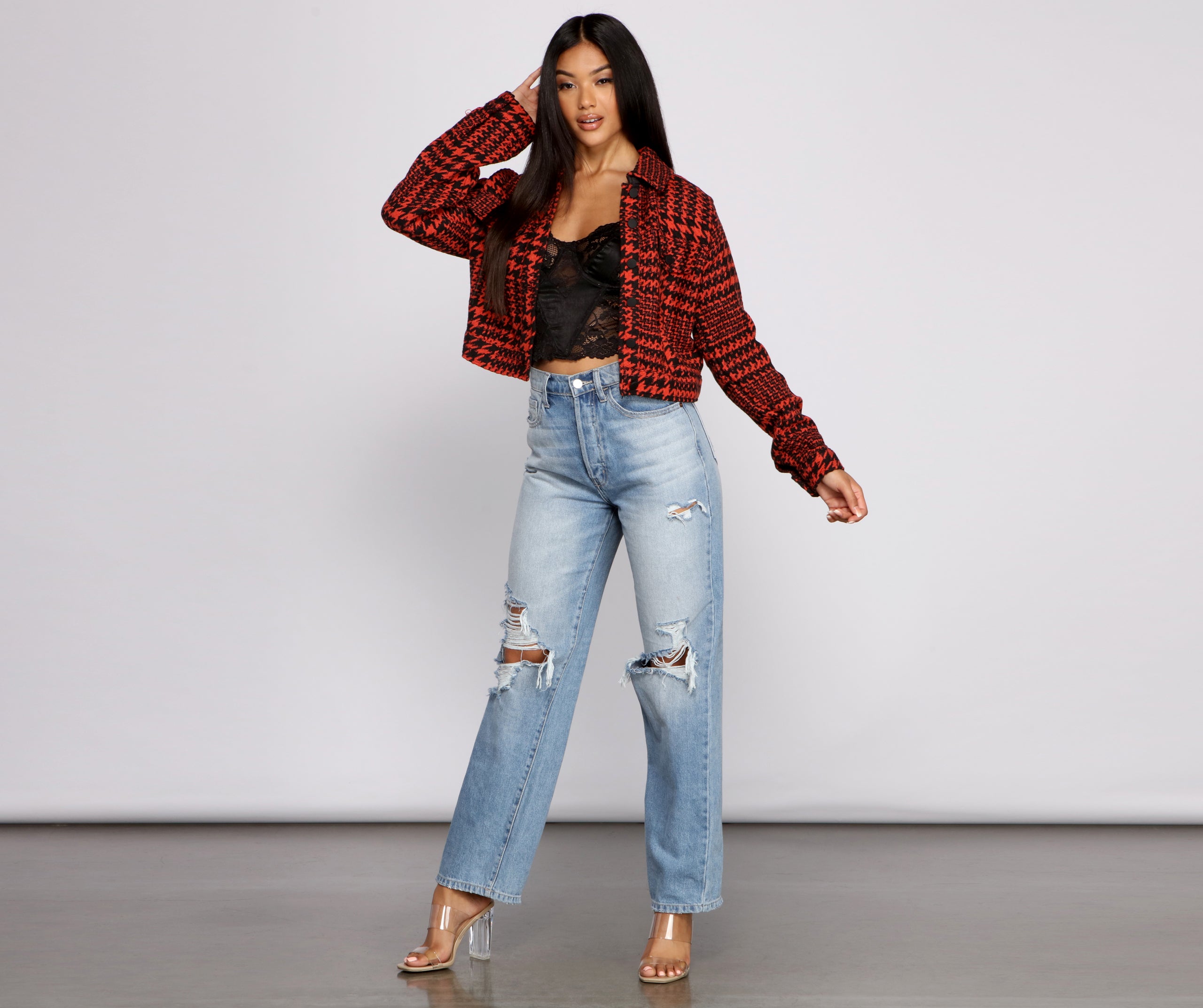 So Chic Houndstooth Cropped Jacket - Image 4