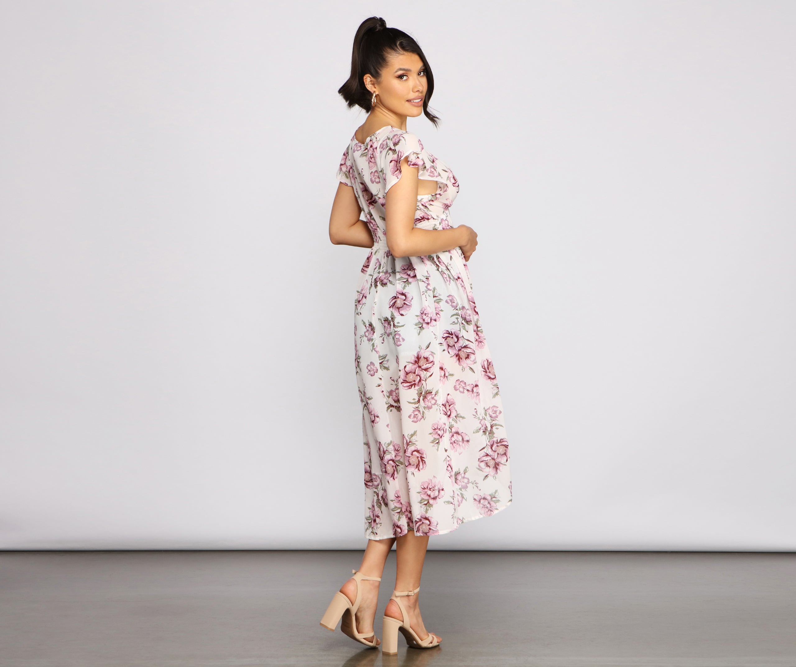 Floral Flutter Sleeve Chiffon High-Low Duster - Image 2