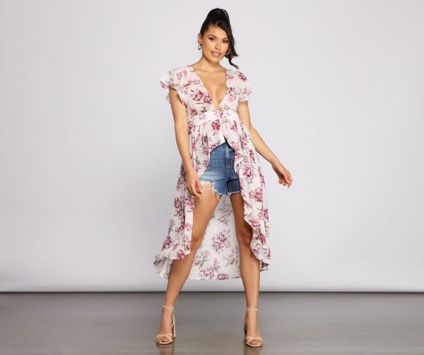 Floral Flutter Sleeve Chiffon High-Low Duster - Image 3