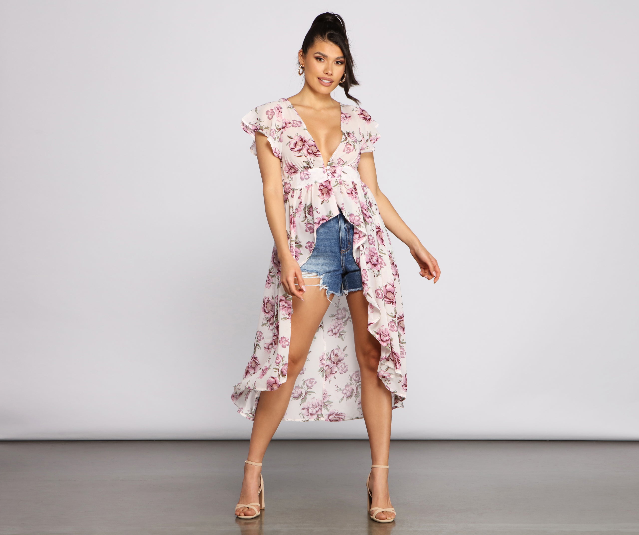 Floral Flutter Sleeve Chiffon High-Low Duster - Image 3