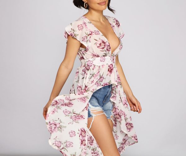 Floral Flutter Sleeve Chiffon High-Low Duster - Image 4
