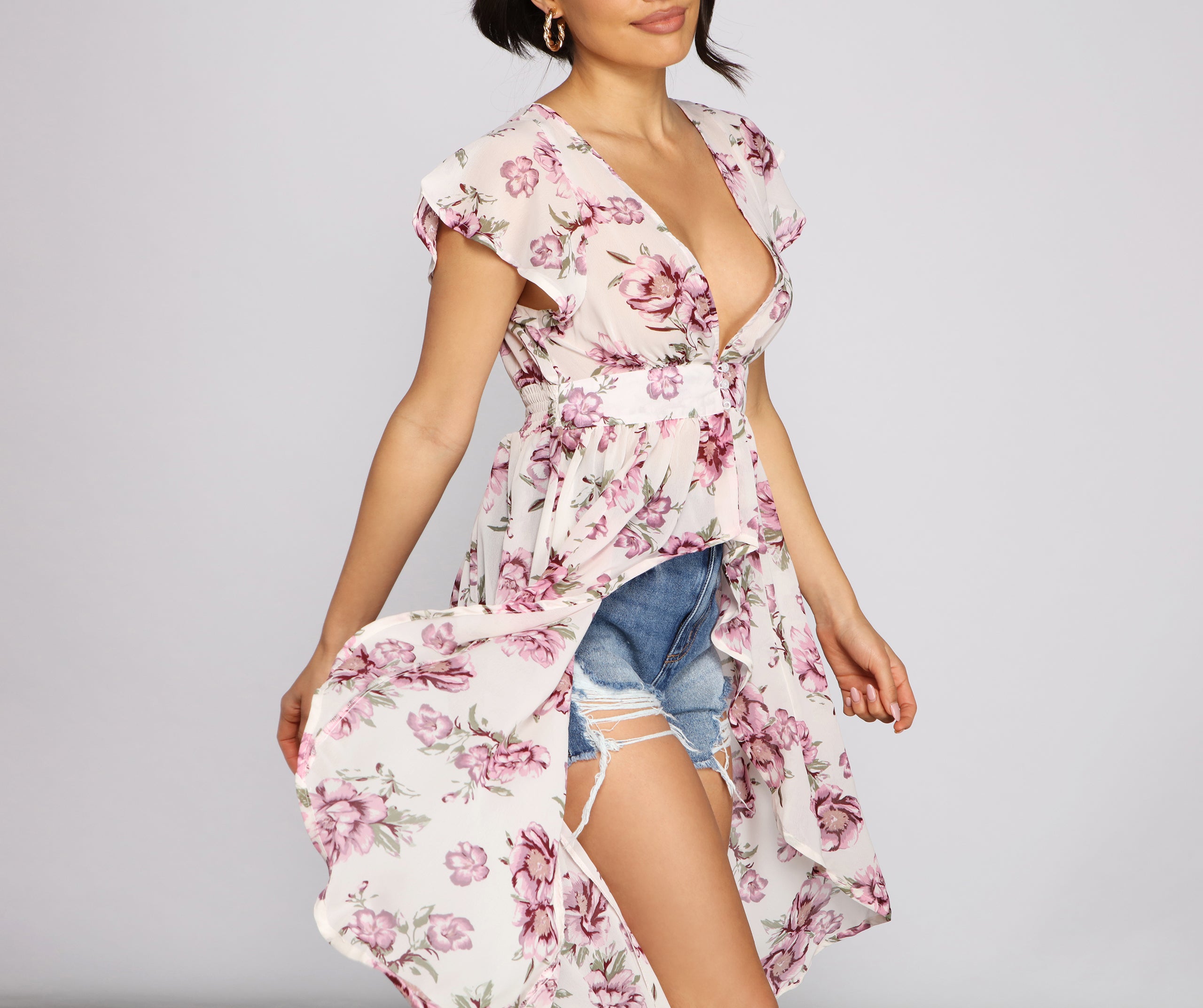 Floral Flutter Sleeve Chiffon High-Low Duster - Image 4