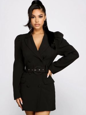 Double Breasted Belted Puff Sleeve Blazer