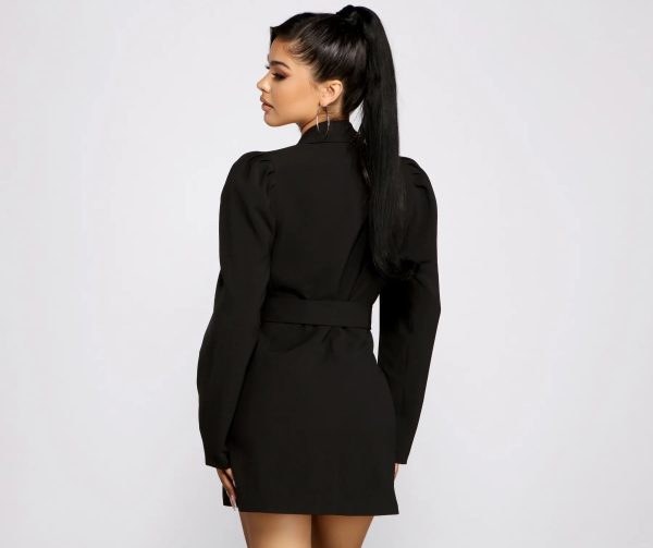 Double Breasted Belted Puff Sleeve Blazer - Image 2