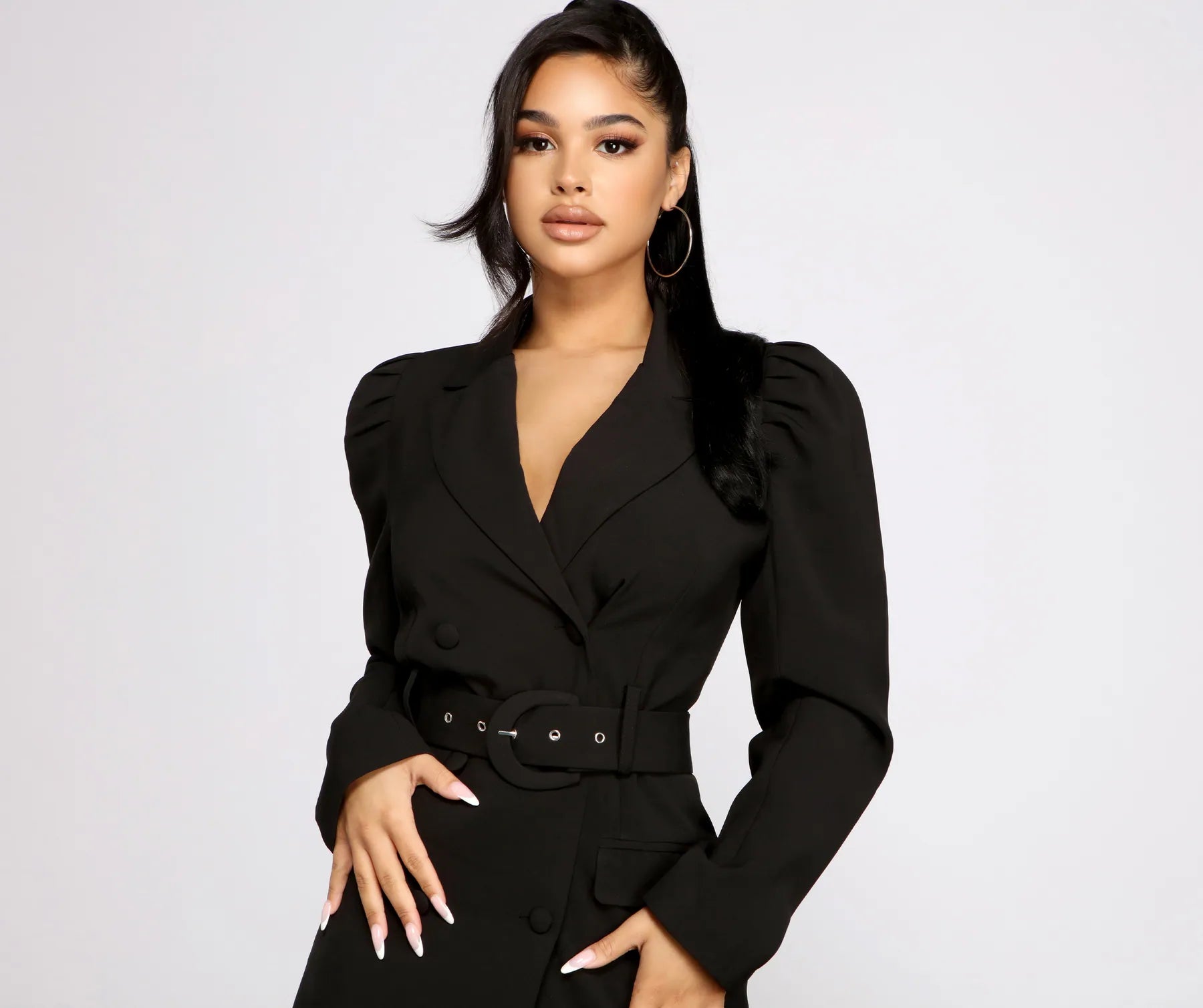 Double Breasted Belted Puff Sleeve Blazer - Image 3